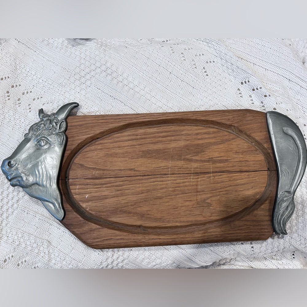Vintage Wooden Cutting/Charcuterie Board with Metal Goat Accents Made in France
